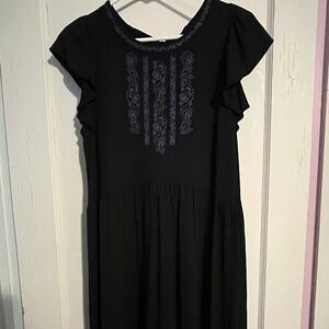 Navy blue Loft flutter sleeve embroidered dress with back tie